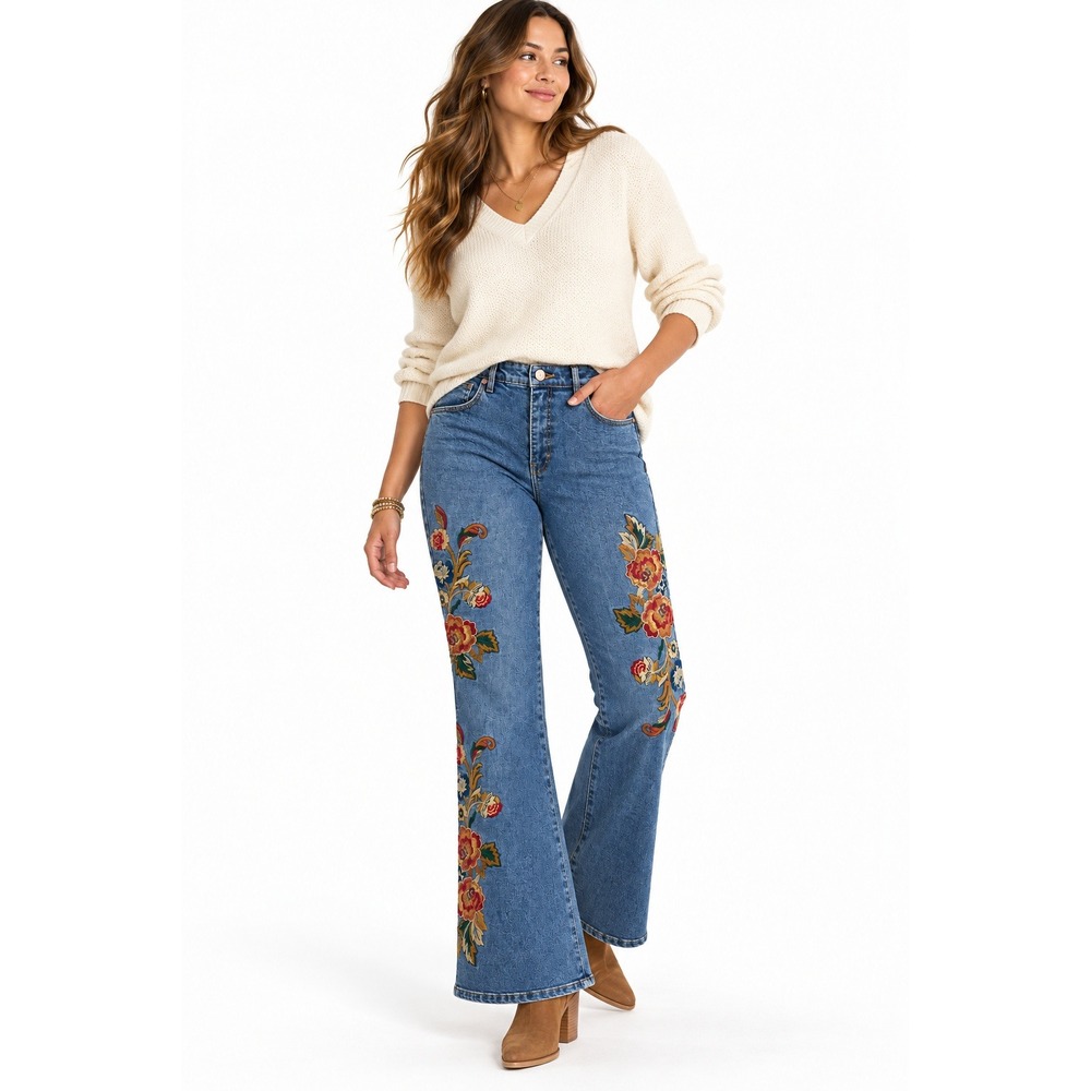 Soft Surroundings Floral Embroidered Boot Cut Jeans Blue Denim Womens 10